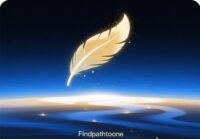 jimeng 2025 08 06 3193 极简灵性logo，深空蓝渐变背景， findpathtoone 发光羽毛字体，金...